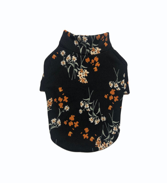 Black, Floral Print, Rib Knit Mock Neck Top, Dog Apparel