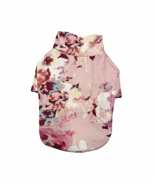 Pink, Floral Print, Rib Knit Mock Neck Top, Dog Apparel